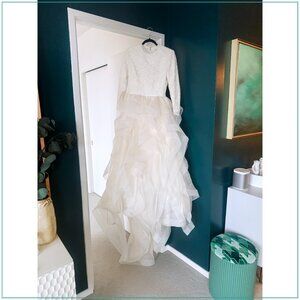 $10,900 Reem Acra Lace, Chiffon Organza Tiered Long Sleeve Runway Bridal Gown